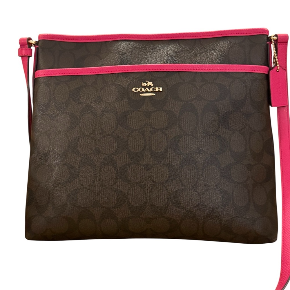 EUC Coach Brown Signature Crossbody with Pink Trim - Picture 2 of 13
